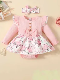 Девушка платья 2pcs Baby Girl Princess Promper Платье с длинными рукавами Прекрасное ребристое цветочное комбинезон с повязкой для новорожденной девочки 0-18 месяцев D240425