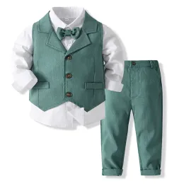 Blazers Baby Boy Suital Suital Gentleman مجموعات الملابس الخريف أطفال عيد ميلاد حفل زفاف بدلة لباس قميص Bowtie+سترة+مجموعة بنطلون