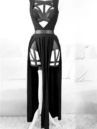 Suits 2023 Retro Gothic Club Seksi Yaz Etek Seti Kadınlar Kolsuz Siyah Korse Mahsul Üst Bandaj Dockants Feath Split Skirt 3pcs Set