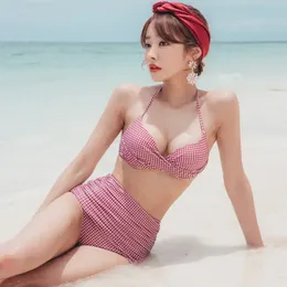 Os seios pequenos de praia quente japonesa e coreana reúnem na canto alta da cintura barriga de banho de biquíni dividido