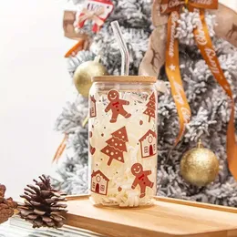 Tumblers 16oz Gingerbread Man Pattern Transparent Drinking Glass Can High Borosilicate With Bamboo Lid Uv Custom Sticker Christmas Gift H240425