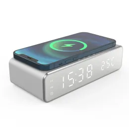 Clocks LED Electric Alarm Clock With Mobile Phone Wireless Charger HD Clock Mirror With Time Memory Digital Thermometer Clock