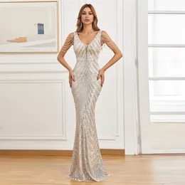 YIDINGZS Women Beading Dress Long Prom Dress Deep V Neck Silver Sequin Evening Dress Sexy Party Maxi Dress 240420