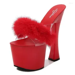 Slippers Fashion 20cm Fluff Open Toe 8Inch Stripper Coarse Heel Big Size Crossdress Catwalk Red Shoes Exotic Dancer Gothic