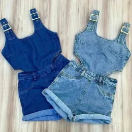 Pieces ONEECES FOCUSNORM 04Y Summer Casual Kids Girls Denim salta Shorts 2 colori senza maniche Solid Sollow Out Playuits