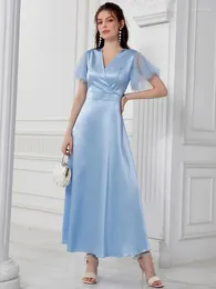 Party Dresses Women Casual Elegant Maxi Long 2024 Summer V-Neck Ruffle Short Sleeve Mesh A-Line Turkish Evening Robe Vestido