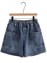 Plus storlek kvinnorkläder denimshorts dimensionell lapptäcke design med knappar som inte nonsterar för feta kvinnor upp till 220 kg i 240420