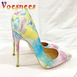 Voesnees 그라디언트 컬러 여성의 뾰족한 발가락 하이힐 12cm 패션 여성 스틸레토 펌프 화려한 대형 파티 신발 Mujer
