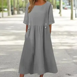 Loose Fit Dress Elegant Midi with Pockets Button Decor for Women Aline Silhouette O Neckline Short Sleeves Solid Color 240422