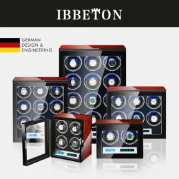 Fälle Ibbeton Marke Automatic Watch Winder 3 4 6 9 12 Slot Mabuchi Mute Motor LCD -Touchscreen und LED -hölzerne Holzwache Safe Box