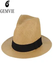 Stingy Brim Hats Gemvie Trendy Summer Panama Hat Klassisk jazzlock Straw för män och kvinnor vävda svart band Fedoras Beach Sun Uni8464065