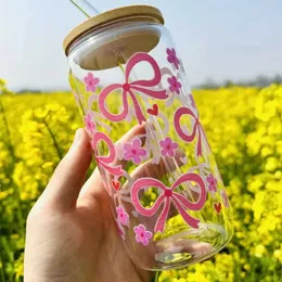 Tumblers 16oz Transparent Glass Tumbler Pink Bow Flower Sticker Drink Juice Cup Suitable For Hot And Cold Drinks In Summer H240425