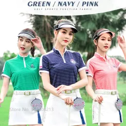 シャツPGMストライプ女性ゴルフTシャツスリム女性ゴルフトレーニングTシャツターンダウンカラートップス韓国ポロシャツ通気可能スポーツウェア