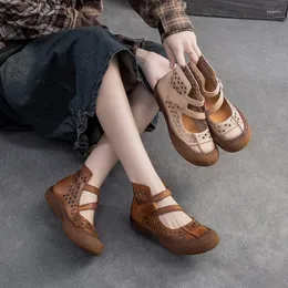 Casual Shoes Johnature 2024 Summer Hollow Breattable Sandals äkta läder retro mjuk enda bekväm mångsidig kvinnors