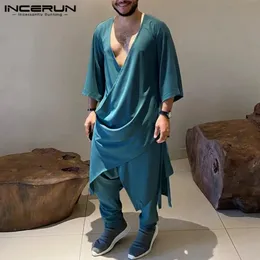 INCERUN Men Sets V Neck 3/4 Sleeve Lace Up Irregular Shirt Kaftan Pants 2PCS Solid Muslim Clothing Casual Men Suits S-5XL 240415