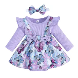 Pieces Pudcoco Infant Girl Romper Dress Vestido Butterfly Ricada de manga comprida Salia de salto de salto recém-nascido roupas de bebê com faixa para a cabeça