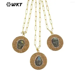 Hängen WT-N1427 WKT EST Rhinestone Made Round Labradorite Skull Pendant Necklace Gold Plated Chain Drop