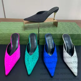 Slide cristalline Muli pantofole Designer Sandalo Sandalo Tannie Schema puntata Slippista Baotou 2024 Seta primaverile in seta primaverile Schema singola Metallo Stiletto Tacco Rhinestone