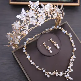 Halsband lyxiga kristallpärlor pärla fjäril dräkt smycken set blommor strass choker halsband örhängen tiara bröllop smycken set