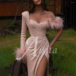 Party Dresses Shine Merraid Wedding Dress One Shoulder Prom Long Sleeve With Feather Crystals Evening Vestidos de Noche