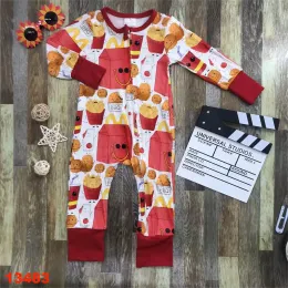 Einszene Langarmbaby Strampler Bambus Faser Baby Jungen Mädchen Kleidung Neugeborene Reißverschluss Jumpsuit Kleinkind Hamburger und Pommes 03 Jahre gedruckt gedruckt