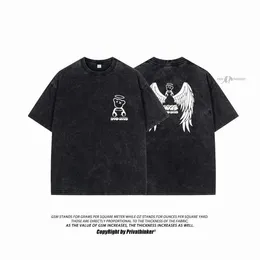 Erkek Tişörtleri Camiseta de Urso-Anjo Harajuku Masculina Lavada Com Cido Teps Gticos Manga Curta Camiseta Roupas Casuais Moda Vero Fofa H240425