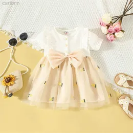 Girl's Dresses Summer girls short sleeved dress baby girl bow pineapple mesh patchwork short sleeved princess skirt d240425