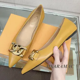 Casual Shoes Fashion Ginger Leather Pointed Toe Metal Chain Flats Real Women's Comfortable Loafers High Quality Walking
