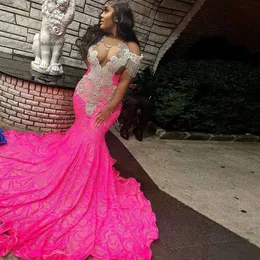Blowly Hot Pink Prom Dress for Women Ceirestone Mermaid Sukienki Black Girl