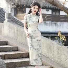 민족 의류 2024 중국 스타일의 여성 레트로 잉크 씻기 세탁 그림 Qipao 소녀 짧은 슬리브 청즈 우아한 멍청한 이브닝 파티 드레스