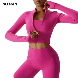 Giacche Nclagen Yoga Running Women Women Zipper Longsleved Outdoor Crop Top Collar Drifit Gym Fitness Coats with Thumb Hous