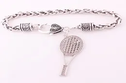 Silver Color Sporty Style Tennis Racket Ball Charm Pendant med mousserande kristaller vete läderarmband smycken6869380