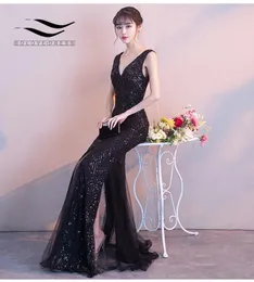 Party Dresses SOLOVEDRESS V Neck Charming Evening Dress Mermaid Tulle Sequin Bodycon With High Slit Formal Occasion Vestidos E713