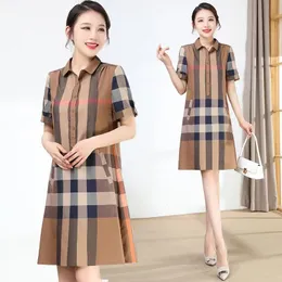 Polo Collar Plaid Shirt Dress for Women's Summer 2024 New Style Casual Loose and Slim Mid Length Kirt Trend