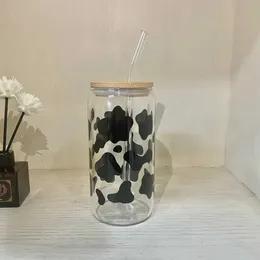 Tumbler Dairy İnek Deseni İçme Cam Bambu Kapak Saman Samanlı Buzlu Kahve Tumbler Hediye Arkadaşlar İçin Yaz Kupası 17oz H240425