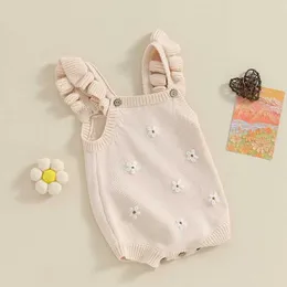 735N Rompers ma baby 0-24M Newborn Infant Toddler Baby Girl Romper Floral Embroidery Knit Jumpsuit Sleeveless Overalls Summer Clothes d240425