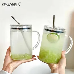 Tumblers 1/2pcs Yaz Buzlu Kahve Suyu Teatransparent H240425 için kapak ve saman ısıya dayanıklı camlı büyük kapasiteli cam fincan