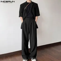 Inderun Mężczyźni ustawiają solidny kolor lapowy krótki rękaw Blazer proste spodnie 2PCS Streetwear Fashion Mens Casual Suits S-5xl 240423