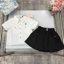 Luxury Princess dress summer kids tracksuits baby clothes Size 90-150 CM Gold single breasted short sleeved shirt and short skirt 24April