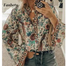 Fannety artı boyutu sonbahar şık bluz kadınlar tavus kuşu çiçek baskısı uzun kollu gömlekler kadınlar rahat vneck boho bluz üstleri kadın5444057