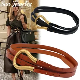 Fashion Genuine Leather Women Belt Bow Knot Metal Horseshoe Buckle Big U Belt Thin Section Buckle Belt Ladies High Quality Belt 240511