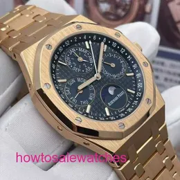 Роскошное запястье AP Watch Royal Oak Series 26574OR Rose Gold Blue Dial Вечный календарь обратно через мужской модный отдых.