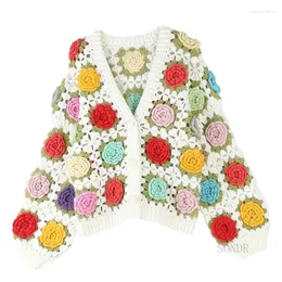 Damen Strick Handhaken Pullover Strickjacke dreidimensionale Applikationen Jacke süße Tops Kontrastfarben Rose Mujer