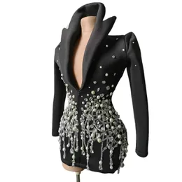 Stage Wear Fringe Drill Chain Sparkly Women Black Design Blazer Long Sleeve Sequin Butterfly Zipper Closure DJ DS Night Club Stage Wear d240425