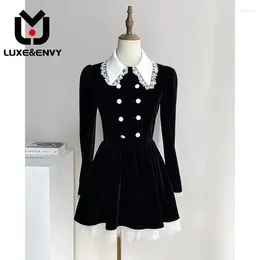 Casual Dresses LUXE&ENVY French Hepburn Style Velvet Dress Stunning A-line Doll Neck Temperament Waist Princess Skirt 2024 Autumn