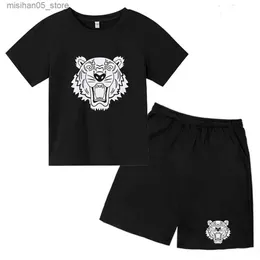Kleidungsstücke Tiger Head Childrens T-Shirt Set 2-12 Jahre alte Jungen und Mädchen lässige Kurzärmel bedruckte Sommertop+Shorts Q240425