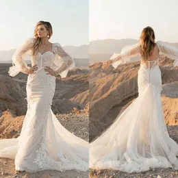 Slim Fitting Mermaid Wedding Dresses Long Sleeve Backless 3D-Lace Sexy Square Sweep Train Capped Party Events Bride Dresses Size Custom Made H24475