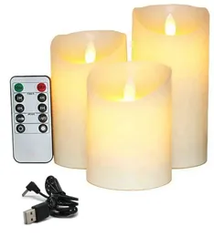 USB Rechargeable Flickering Paraffin Wax Candles Pillar Candle Remote controlled w/timer Moving Dancing wick Home Par 240417