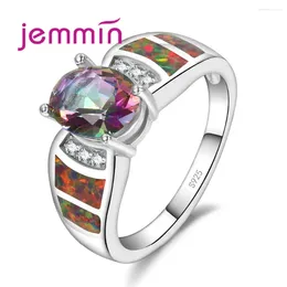 Ringos de cluster Chegada CZ 925 Sterling Silver Rainbow Fire Opal Ring for Women Party Cocktail Elegant Jewelry Christmas Gift