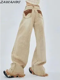 Jeans jeans primaverilo autunno sfilacciato patchwork vintage contrasto di colore levato donna in alto in giro largo gamba larga chic streetwear denim